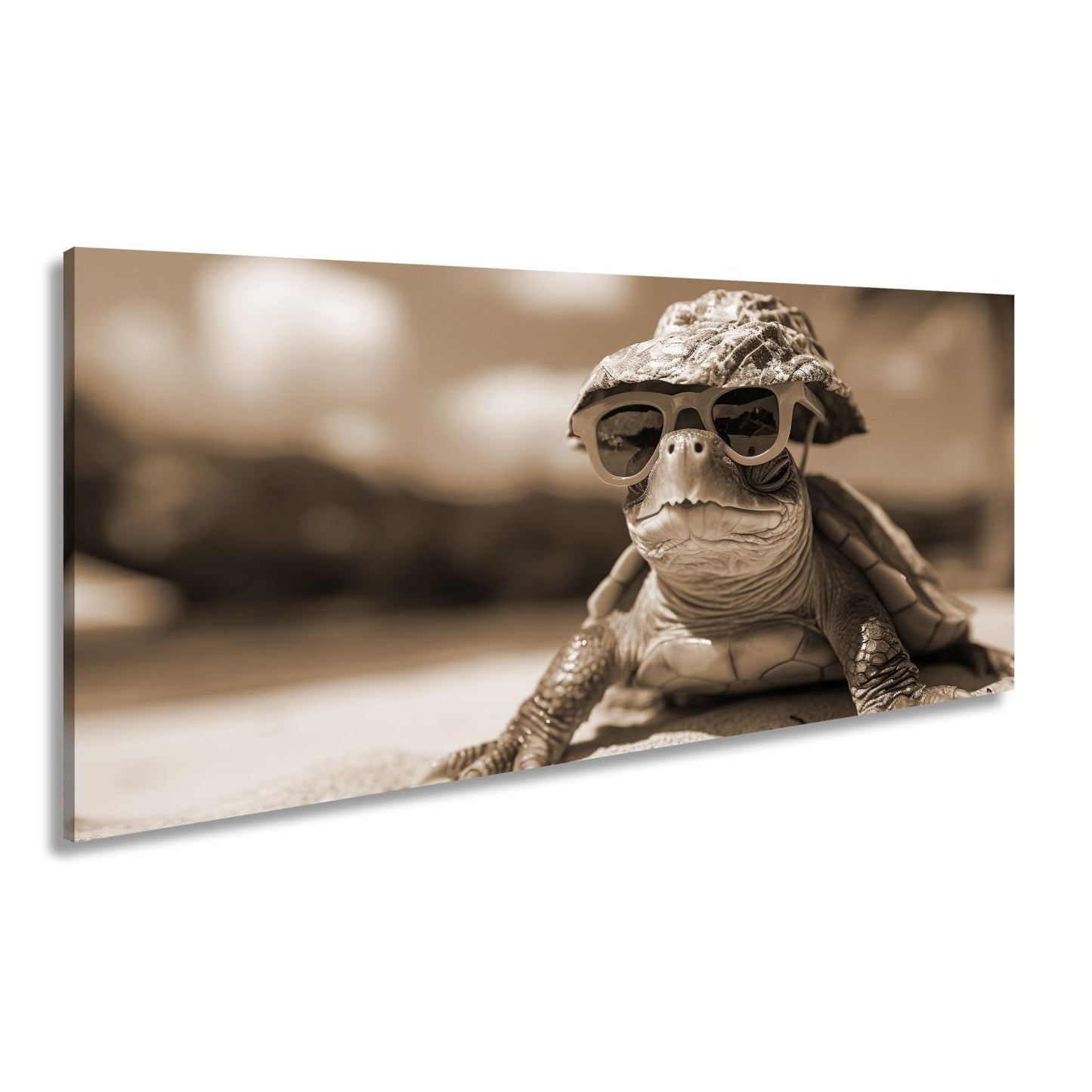 Leinwandbild Schildkröte mit Stil – Sonnenhut, Brille, Strand und Coolness. - deyoli