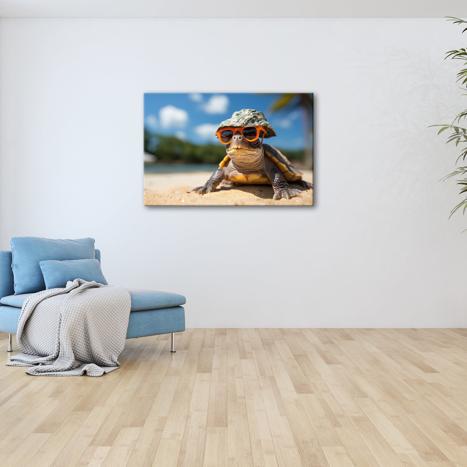 Leinwandbild Schildkröte mit Stil – Sonnenhut, Brille, Strand und Coolness. - deyoli