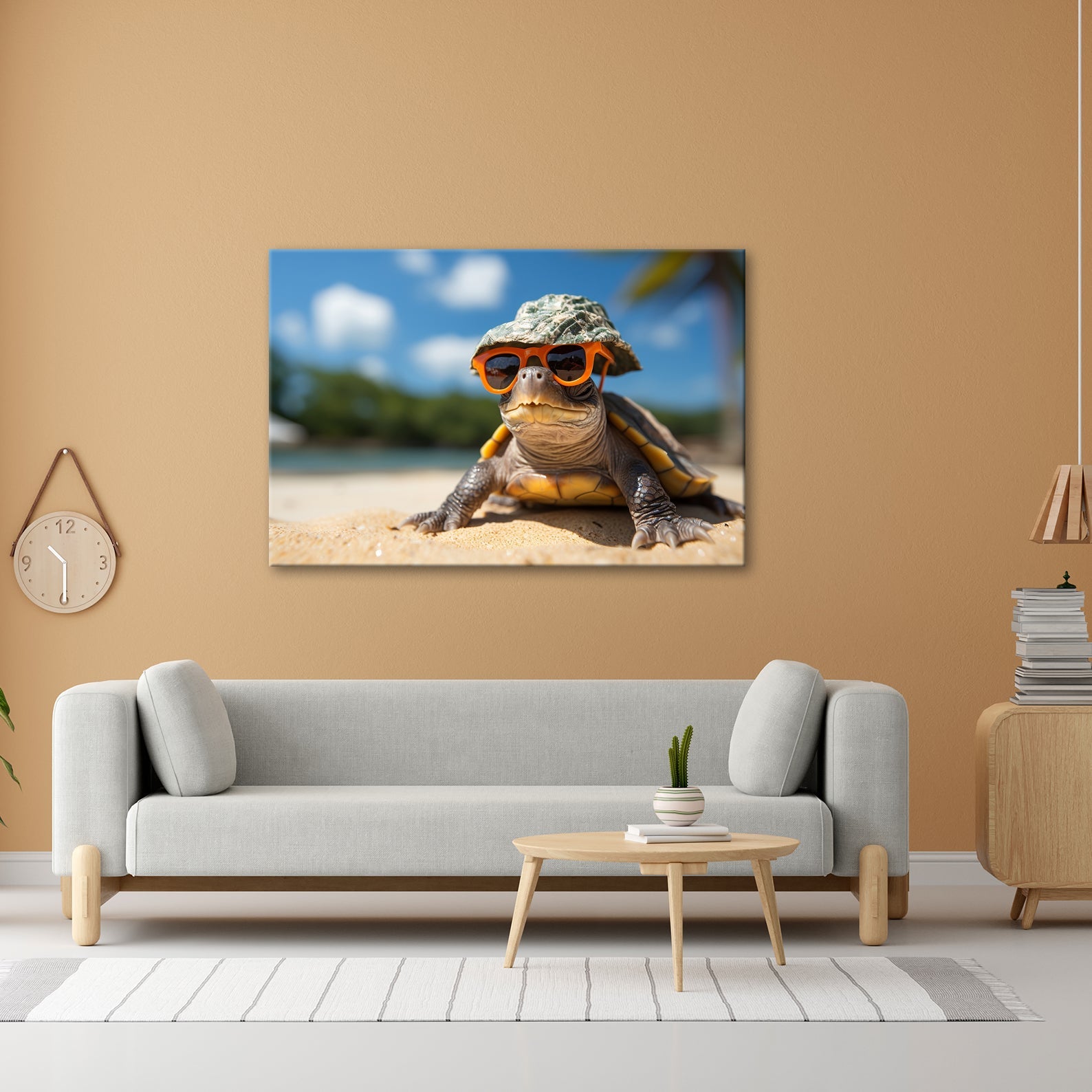 Leinwandbild Schildkröte mit Stil – Sonnenhut, Brille, Strand und Coolness. - deyoli