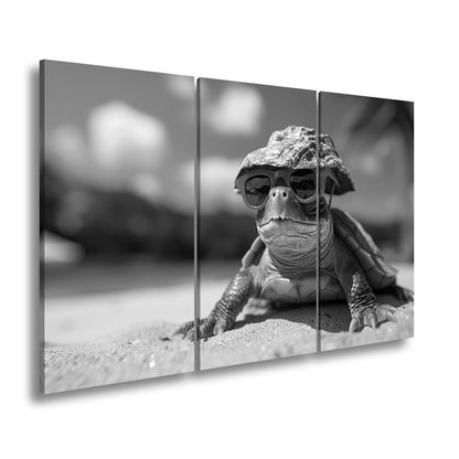 Leinwandbild Schildkröte mit Stil – Sonnenhut, Brille, Strand und Coolness. - deyoli