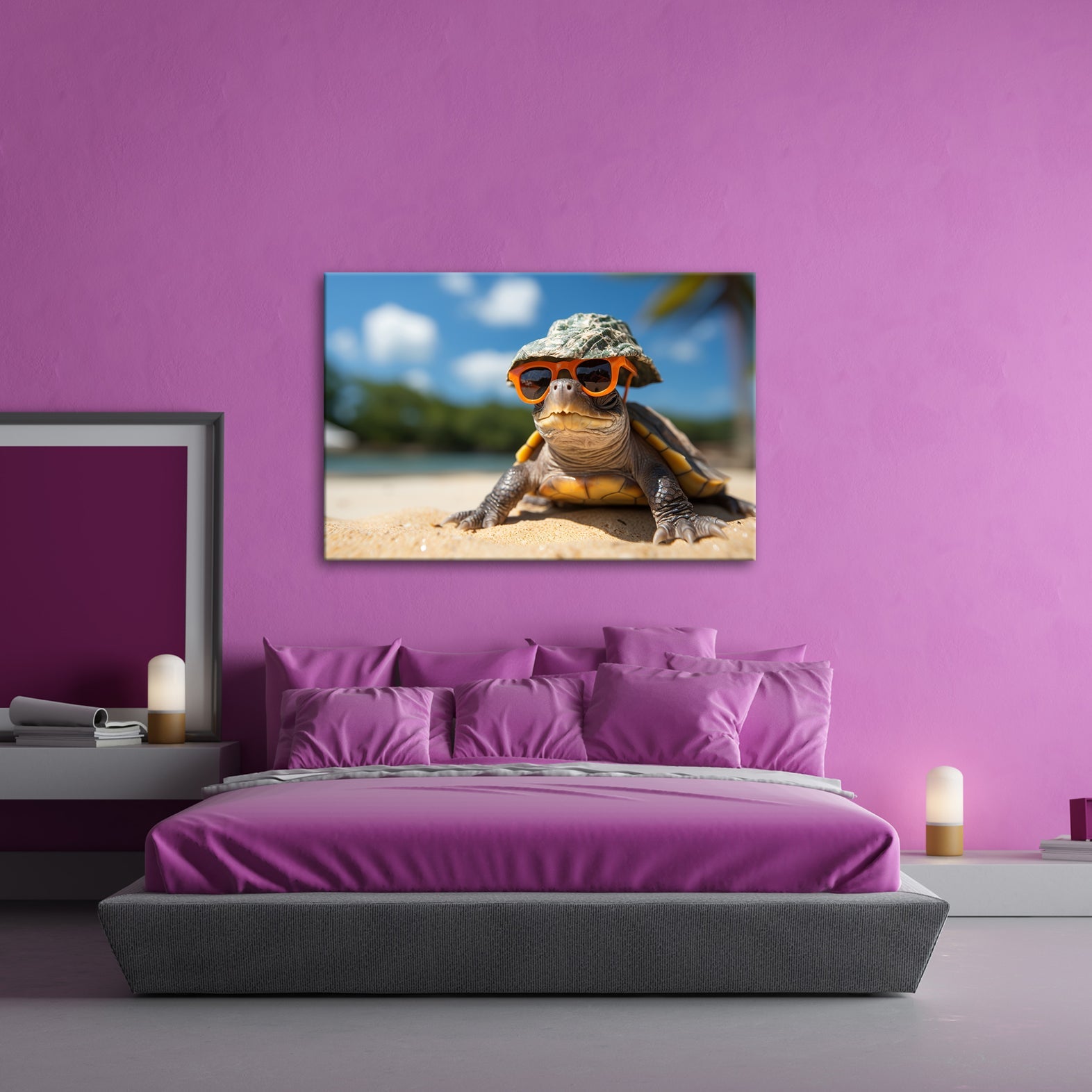 Leinwandbild Schildkröte mit Stil – Sonnenhut, Brille, Strand und Coolness. - deyoli