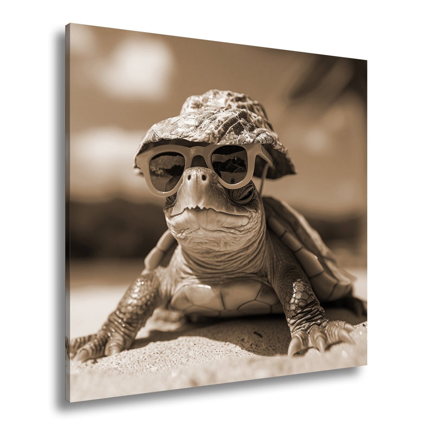 Leinwandbild Schildkröte mit Stil – Sonnenhut, Brille, Strand und Coolness. - deyoli