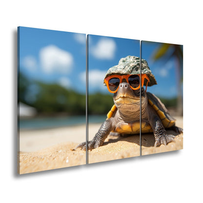 Leinwandbild Schildkröte mit Stil – Sonnenhut, Brille, Strand und Coolness. - deyoli