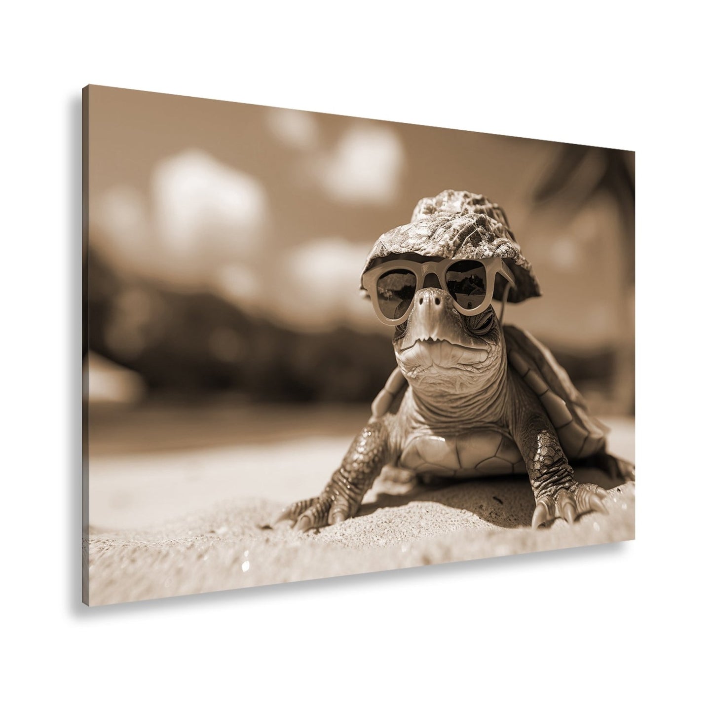 Leinwandbild Schildkröte mit Stil – Sonnenhut, Brille, Strand und Coolness. - deyoli
