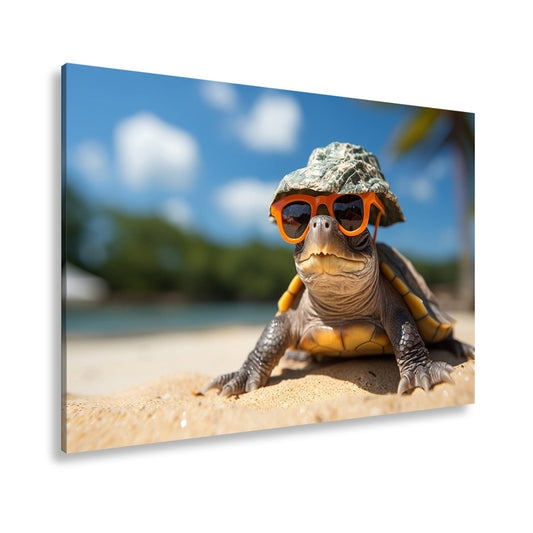 Leinwandbild Schildkröte mit Stil – Sonnenhut, Brille, Strand und Coolness. - deyoli