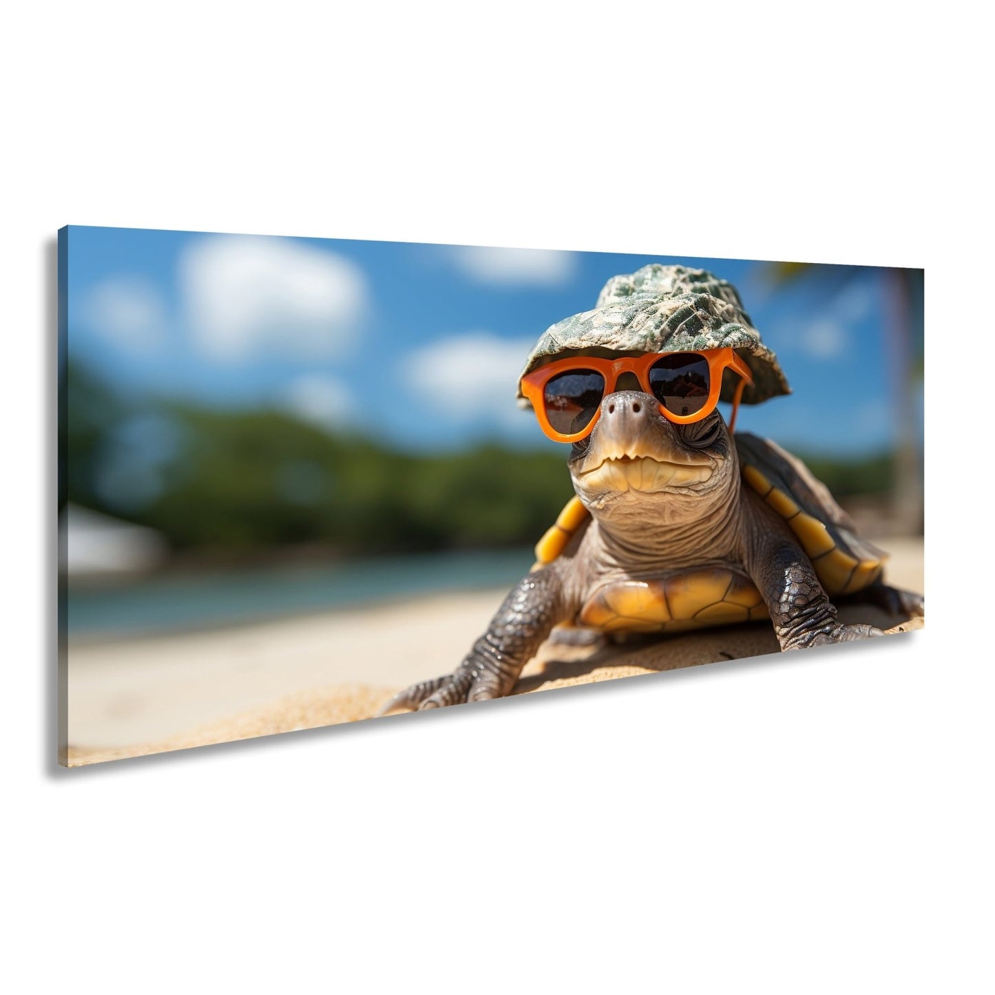 Leinwandbild Schildkröte mit Stil – Sonnenhut, Brille, Strand und Coolness. - deyoli