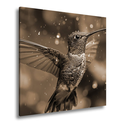 Leinwandbild Schillernd im Regen – ein Kolibri tanzt mit Tropfen. - deyoli
