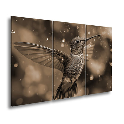 Leinwandbild Schillernd im Regen – ein Kolibri tanzt mit Tropfen. - deyoli
