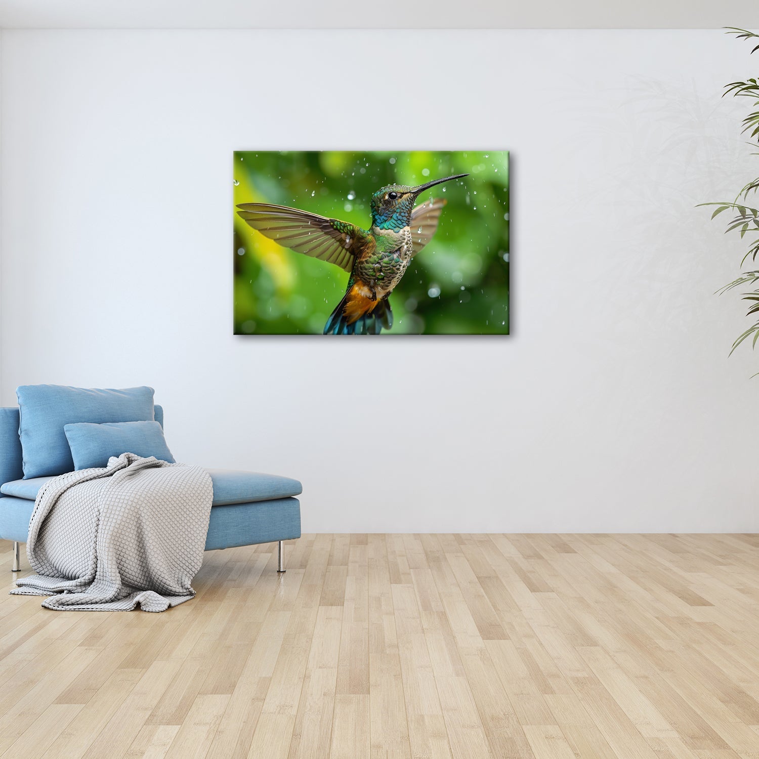 Leinwandbild Schillernd im Regen – ein Kolibri tanzt mit Tropfen. - deyoli
