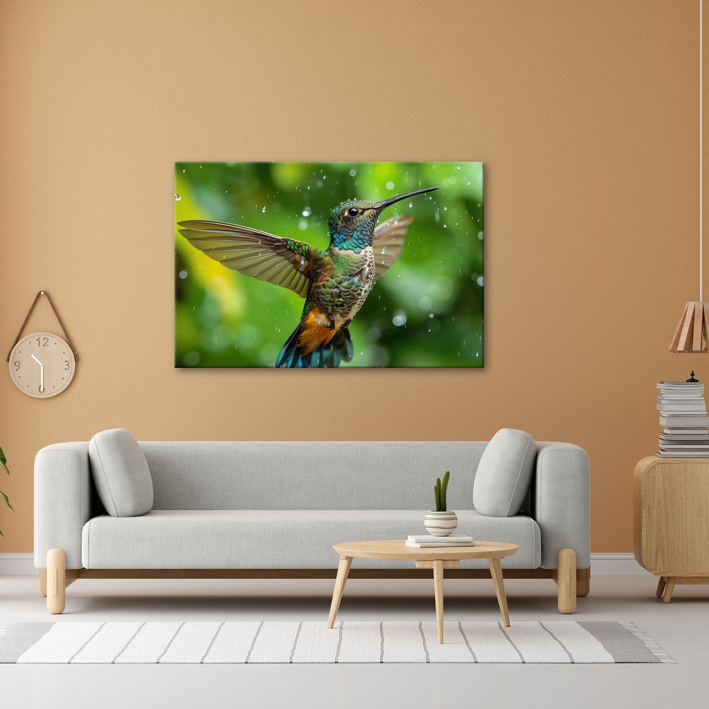Leinwandbild Schillernd im Regen – ein Kolibri tanzt mit Tropfen. - deyoli