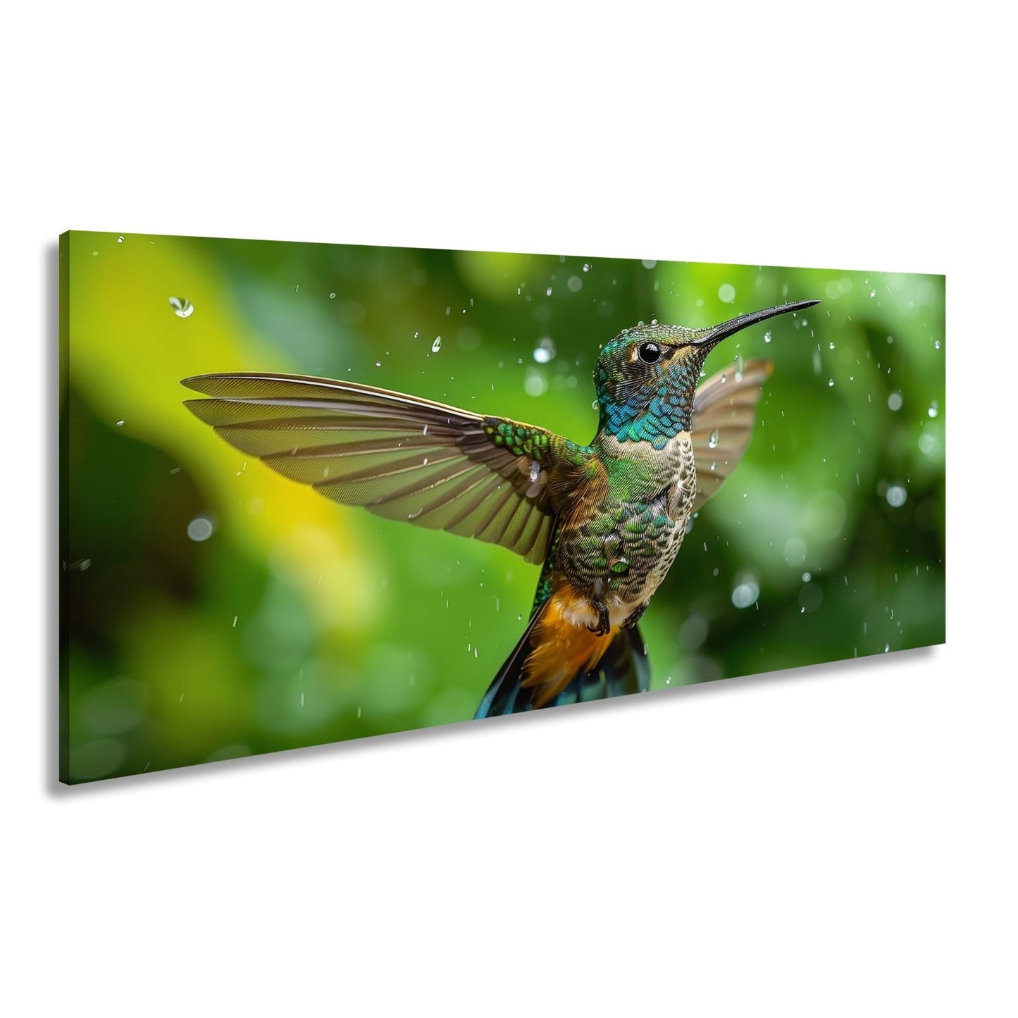 Leinwandbild Schillernd im Regen – ein Kolibri tanzt mit Tropfen. - deyoli