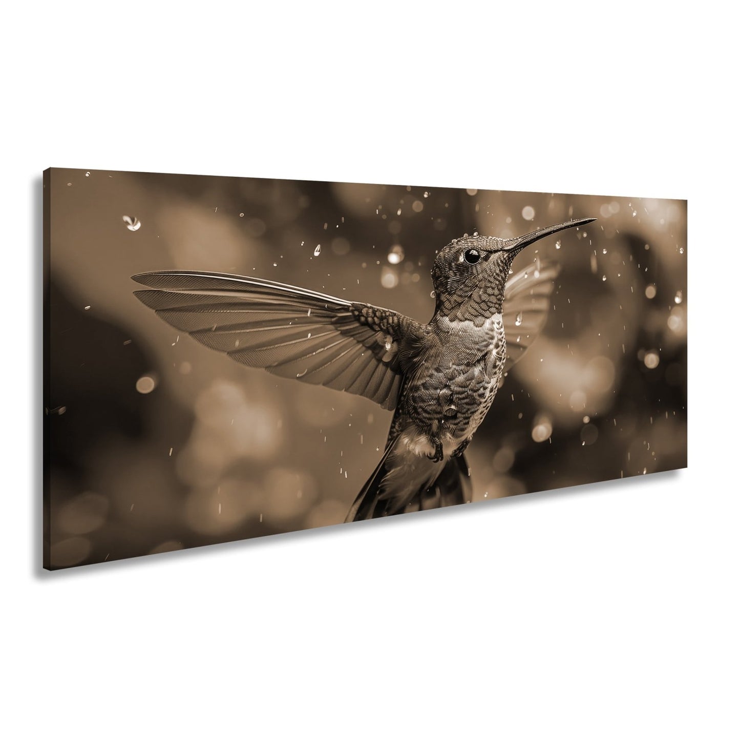 Leinwandbild Schillernd im Regen – ein Kolibri tanzt mit Tropfen. - deyoli