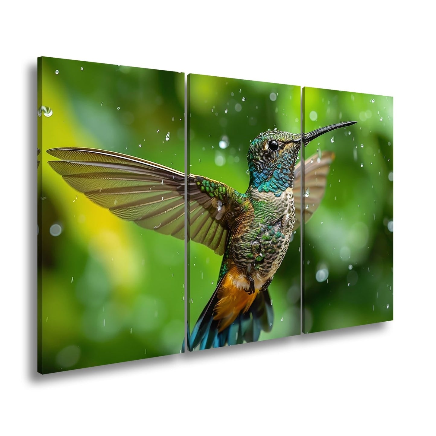Leinwandbild Schillernd im Regen – ein Kolibri tanzt mit Tropfen. - deyoli