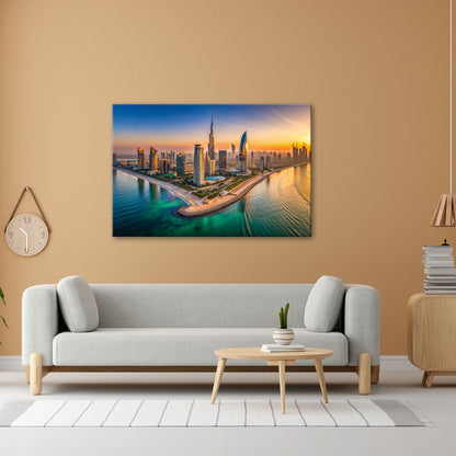 Leinwandbild Schimmernde Skyline trifft goldenes Licht – Stadt XXL - deyoli