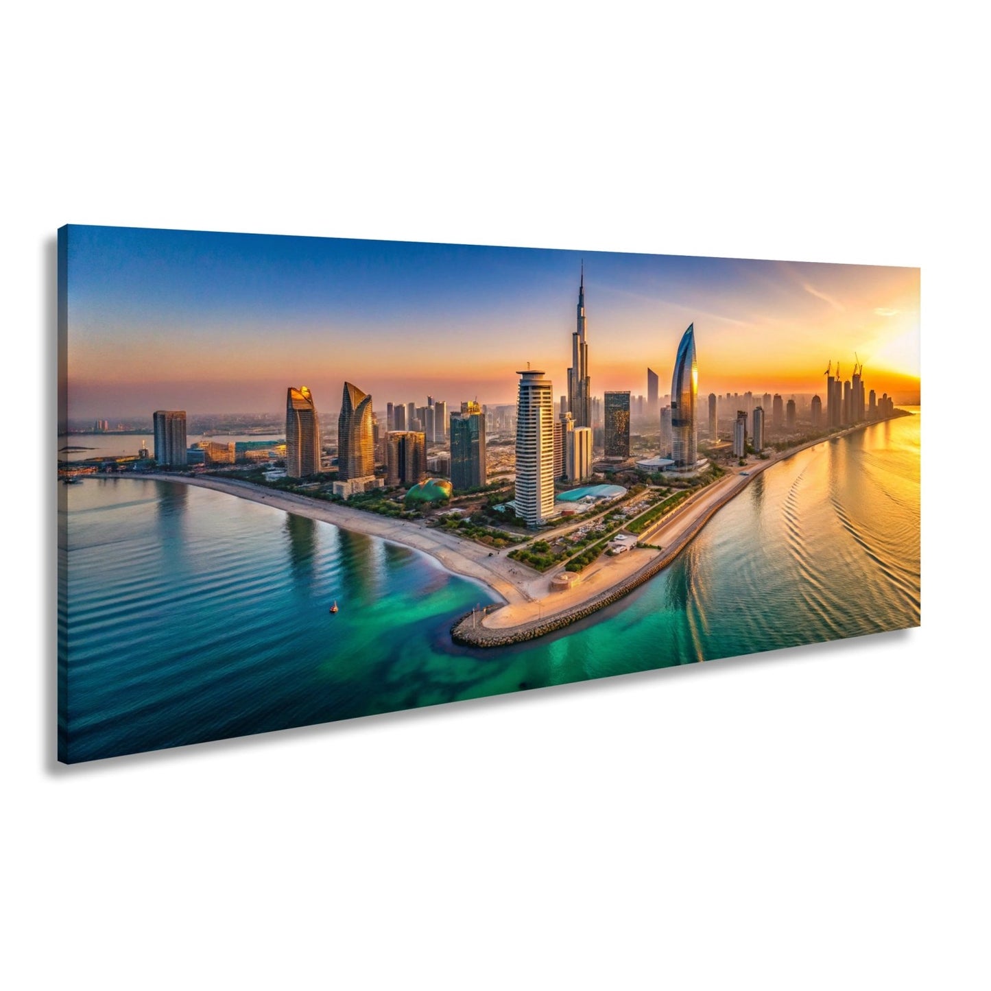 Leinwandbild Schimmernde Skyline trifft goldenes Licht – Stadt XXL - deyoli