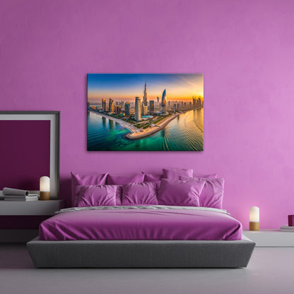 Leinwandbild Schimmernde Skyline trifft goldenes Licht – Stadt XXL - deyoli
