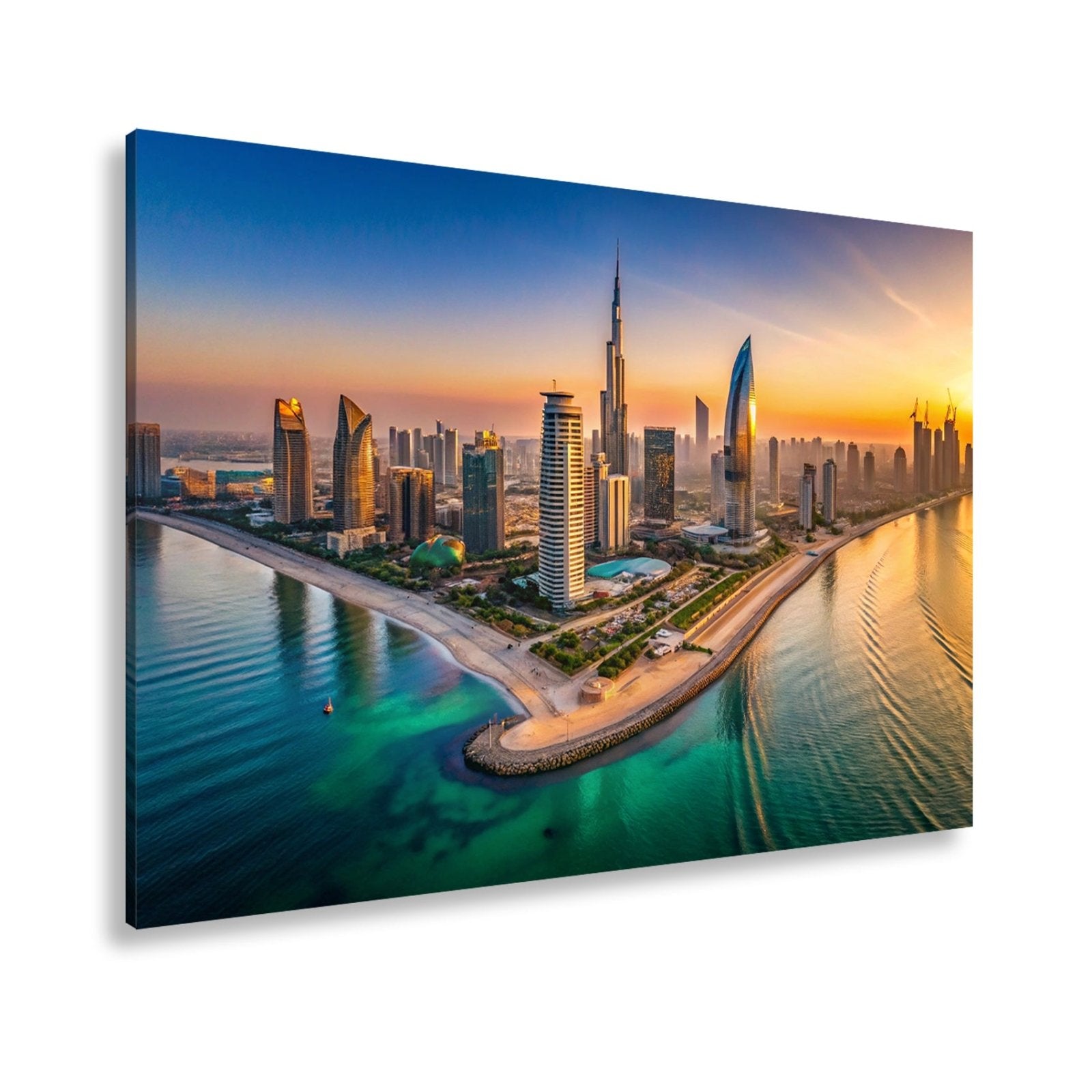 Leinwandbild Schimmernde Skyline trifft goldenes Licht – Stadt XXL - deyoli