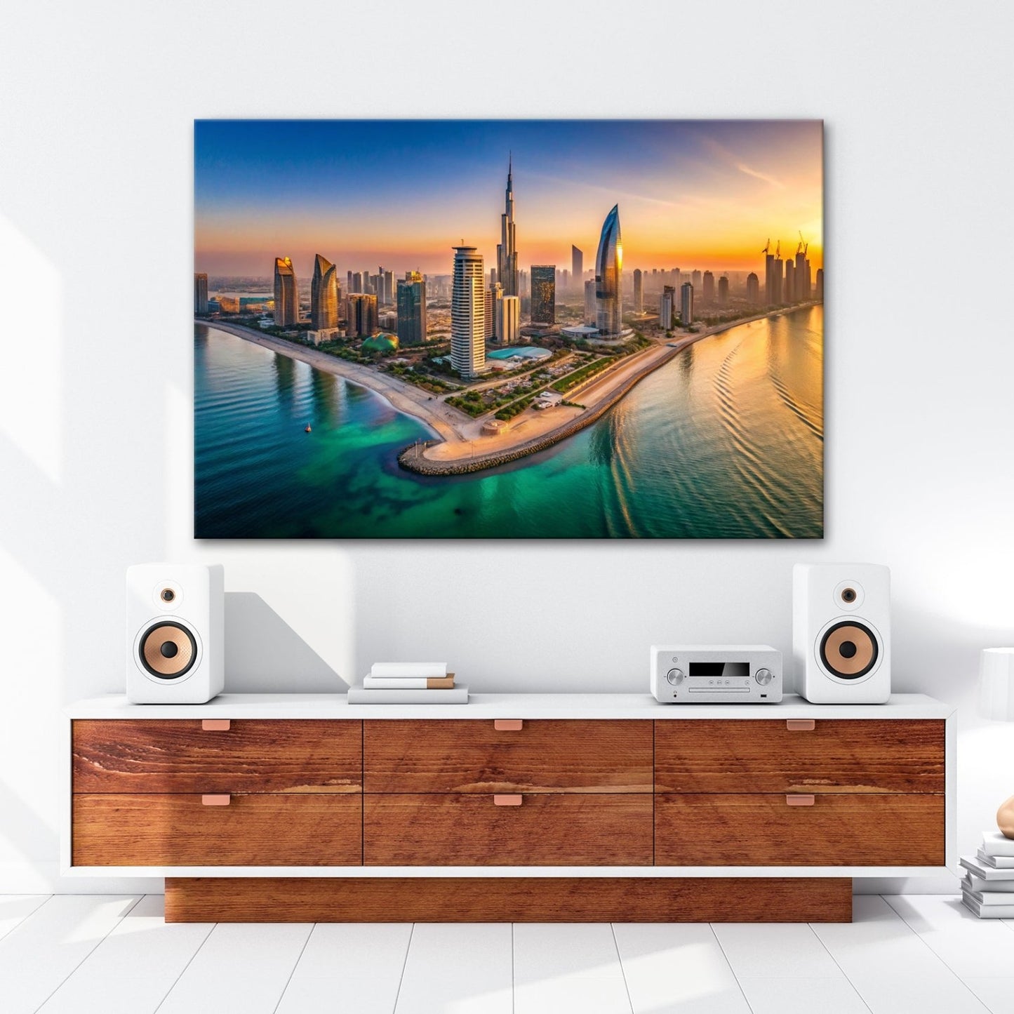 Leinwandbild Schimmernde Skyline trifft goldenes Licht – Stadt XXL - deyoli