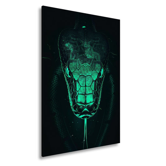 Leinwandbild Schlange XXL – Glühendgrün starrt aus der Finsternis - deyoli