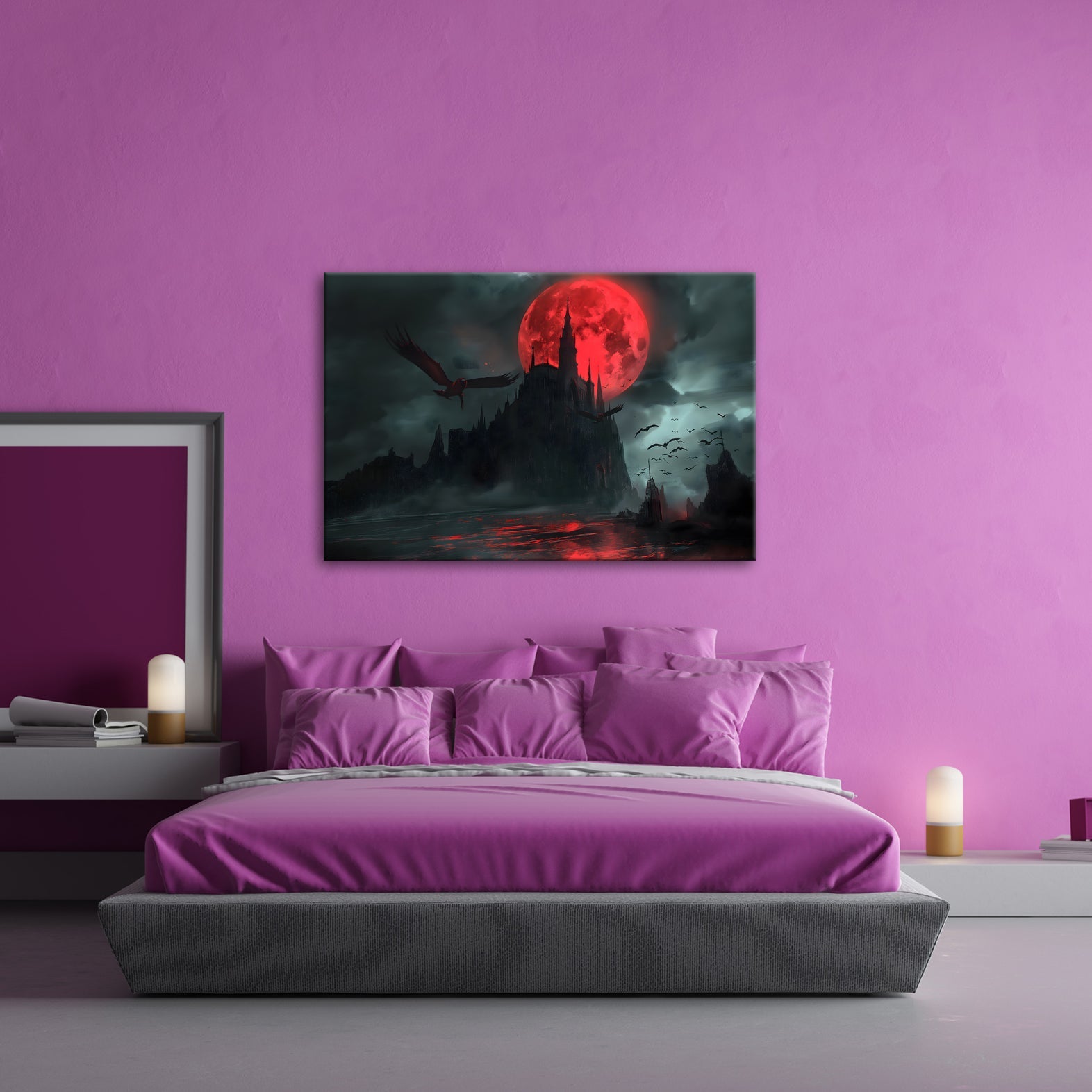 Leinwandbild Schloss XXL – Dunkel unter Blutmond mit fliegenden Schatten - deyoli