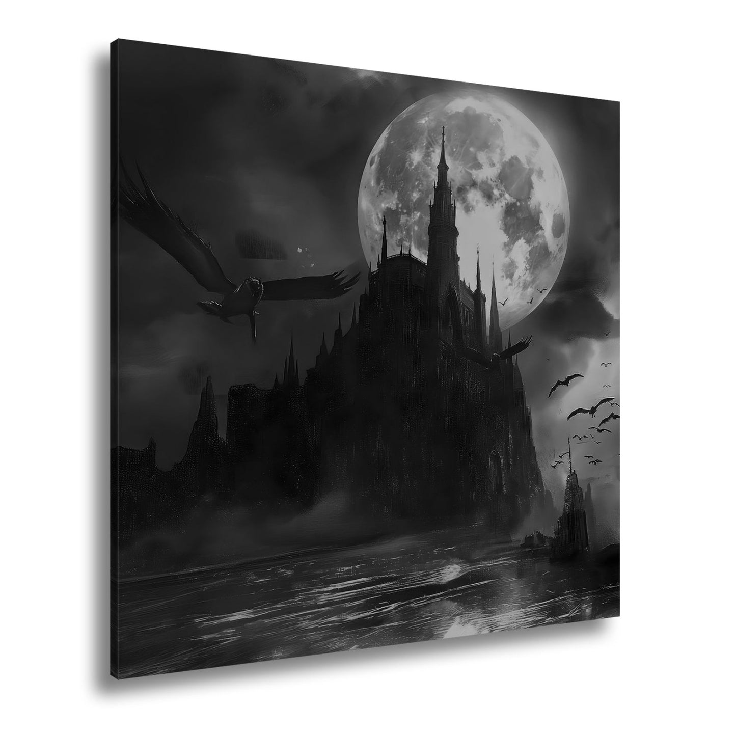 Leinwandbild Schloss XXL – Dunkel unter Blutmond mit fliegenden Schatten - deyoli
