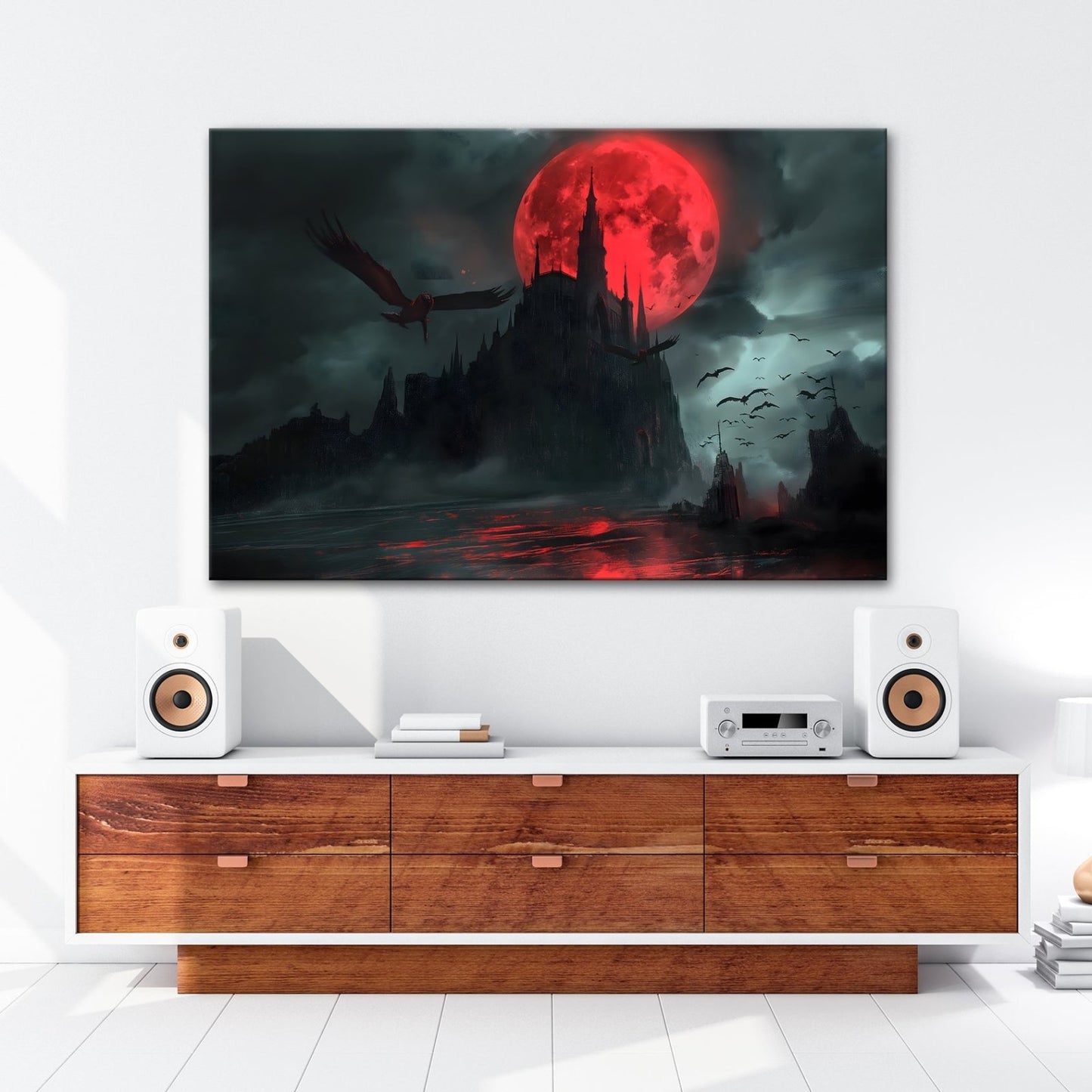 Leinwandbild Schloss XXL – Dunkel unter Blutmond mit fliegenden Schatten - deyoli