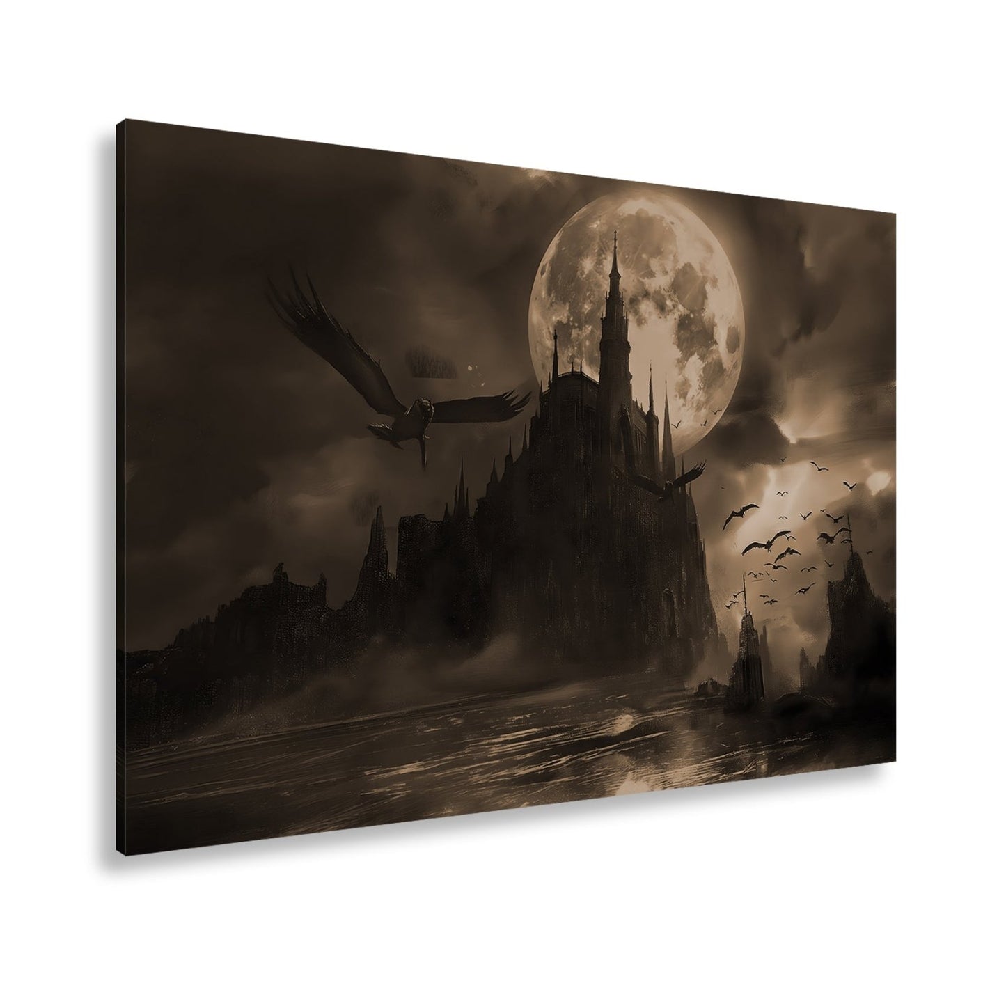 Leinwandbild Schloss XXL – Dunkel unter Blutmond mit fliegenden Schatten - deyoli