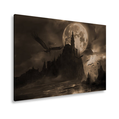 Leinwandbild Schloss XXL – Dunkel unter Blutmond mit fliegenden Schatten - deyoli