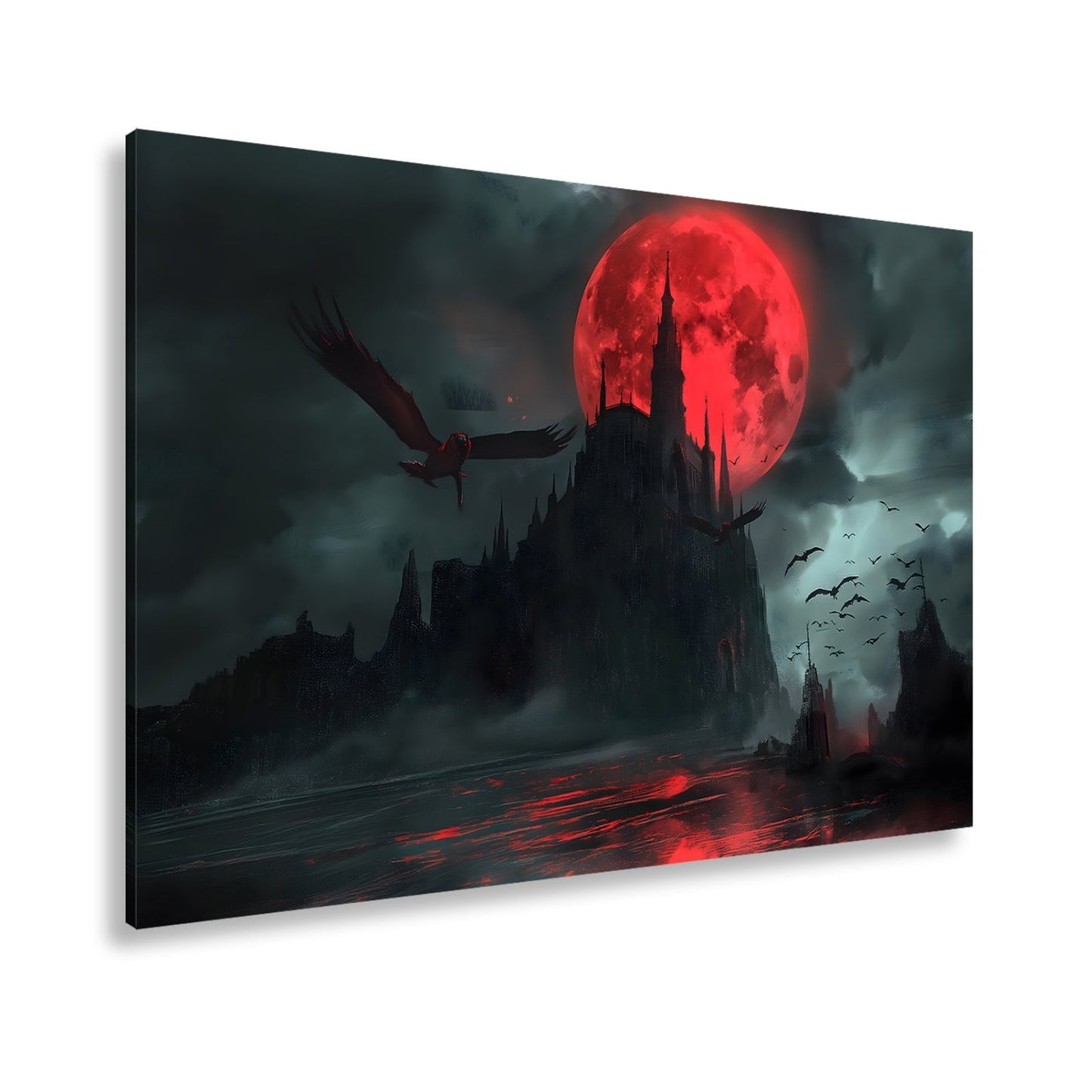 Leinwandbild Schloss XXL – Dunkel unter Blutmond mit fliegenden Schatten - deyoli