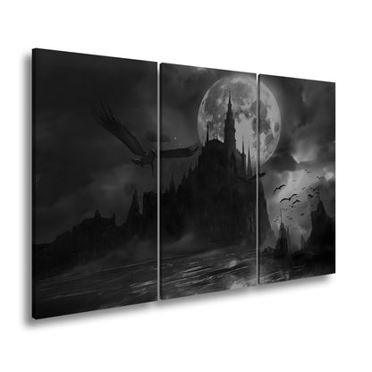Leinwandbild Schloss XXL – Dunkel unter Blutmond mit fliegenden Schatten - deyoli