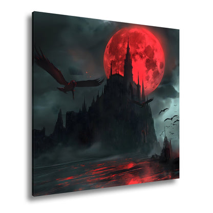 Leinwandbild Schloss XXL – Dunkel unter Blutmond mit fliegenden Schatten - deyoli