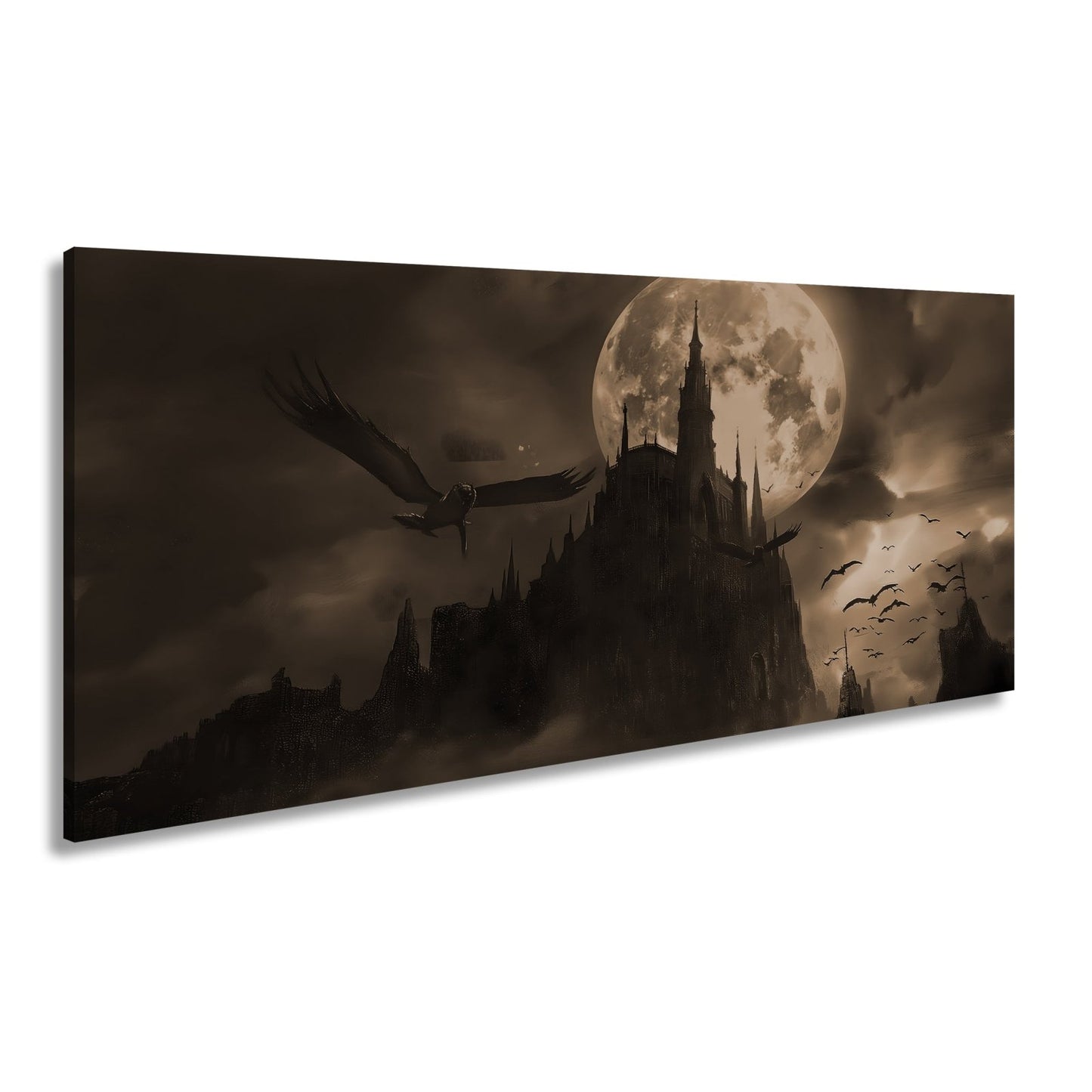 Leinwandbild Schloss XXL – Dunkel unter Blutmond mit fliegenden Schatten - deyoli