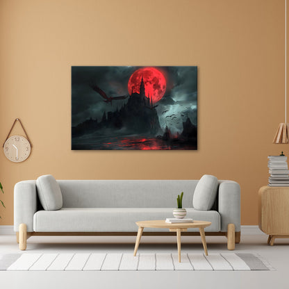 Leinwandbild Schloss XXL – Dunkel unter Blutmond mit fliegenden Schatten - deyoli