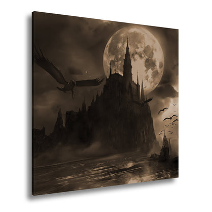Leinwandbild Schloss XXL – Dunkel unter Blutmond mit fliegenden Schatten - deyoli