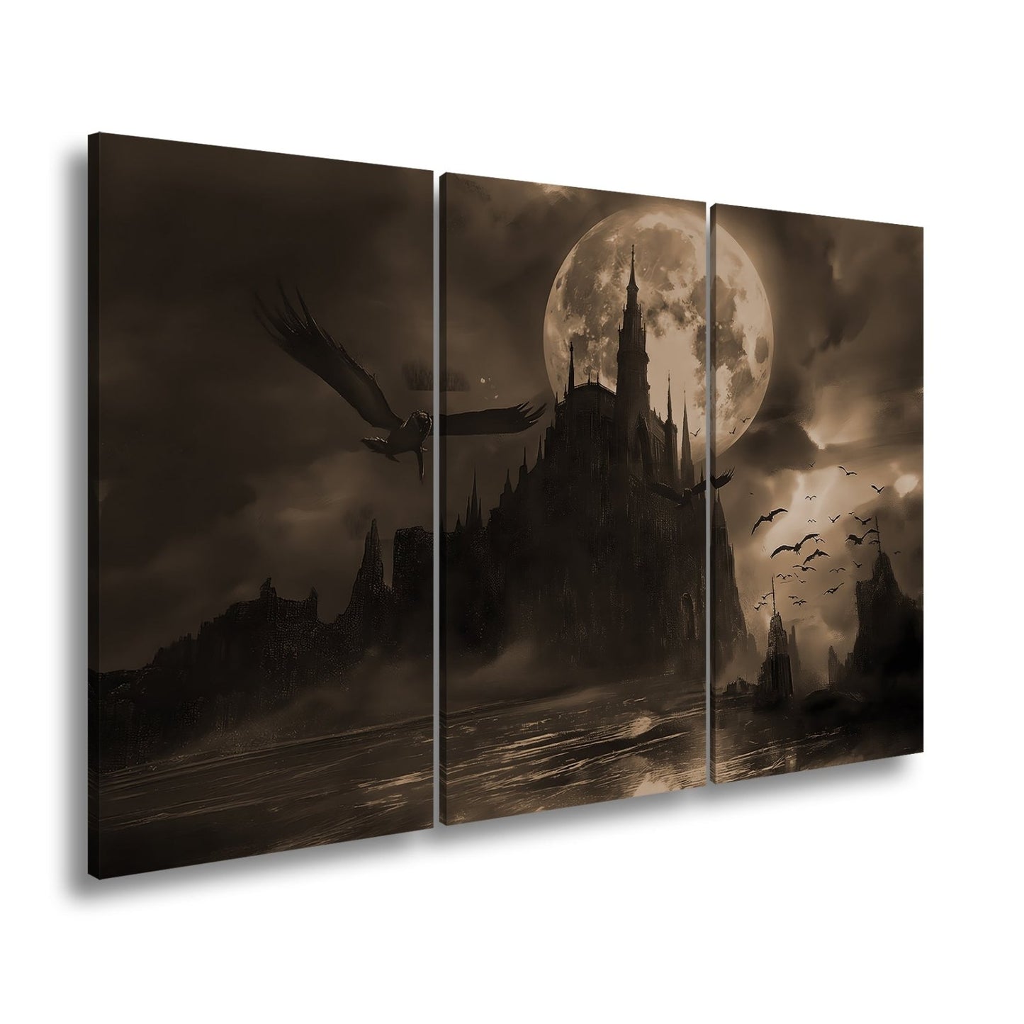 Leinwandbild Schloss XXL – Dunkel unter Blutmond mit fliegenden Schatten - deyoli