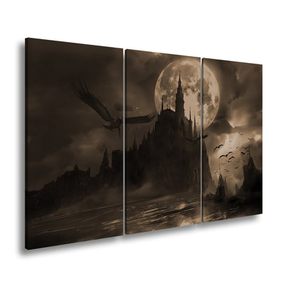 Leinwandbild Schloss XXL – Dunkel unter Blutmond mit fliegenden Schatten - deyoli
