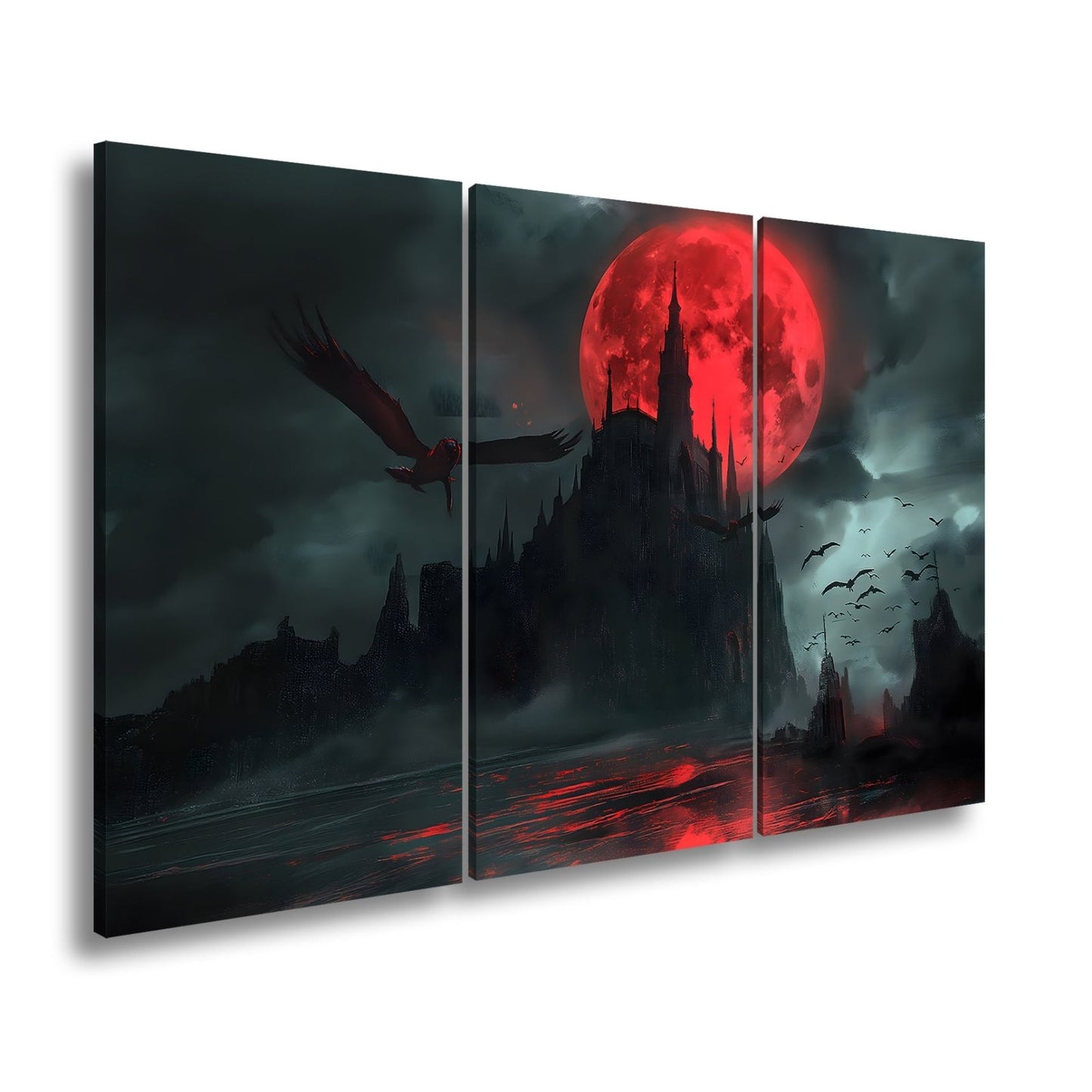 Leinwandbild Schloss XXL – Dunkel unter Blutmond mit fliegenden Schatten - deyoli