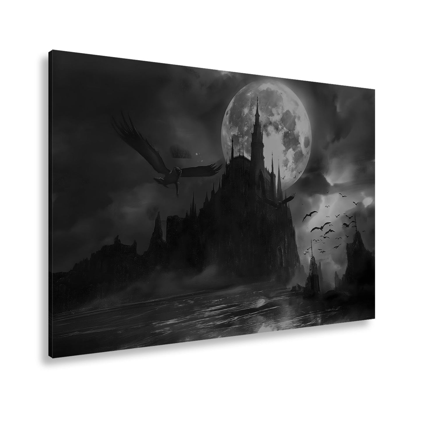 Leinwandbild Schloss XXL – Dunkel unter Blutmond mit fliegenden Schatten - deyoli