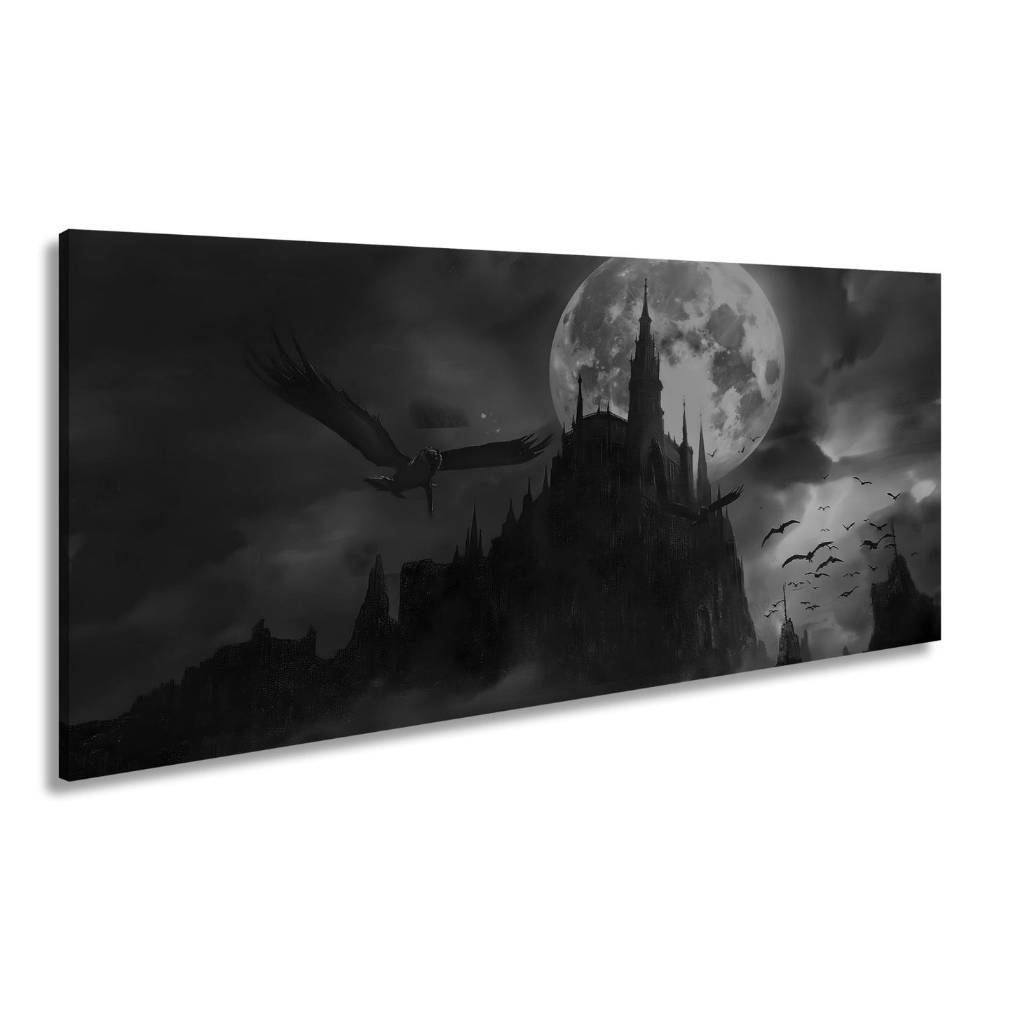 Leinwandbild Schloss XXL – Dunkel unter Blutmond mit fliegenden Schatten - deyoli