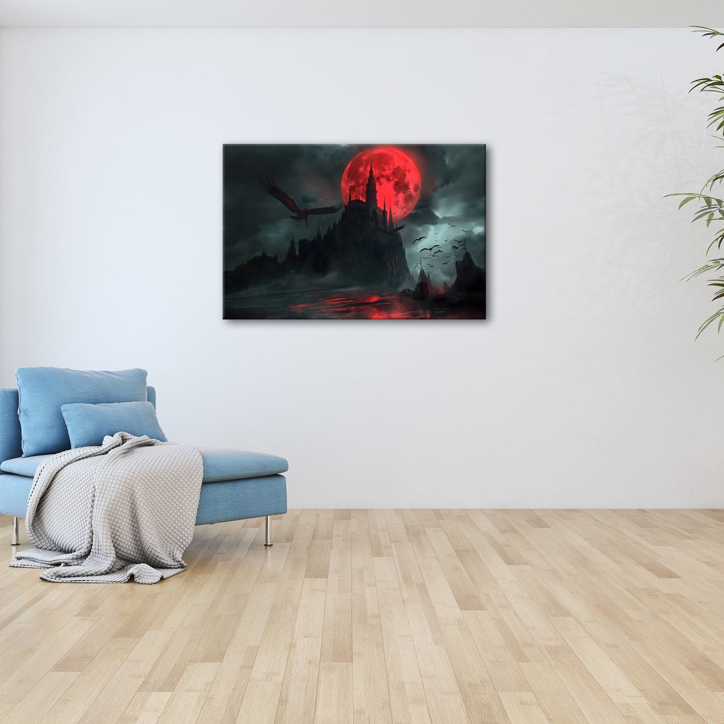Leinwandbild Schloss XXL – Dunkel unter Blutmond mit fliegenden Schatten - deyoli