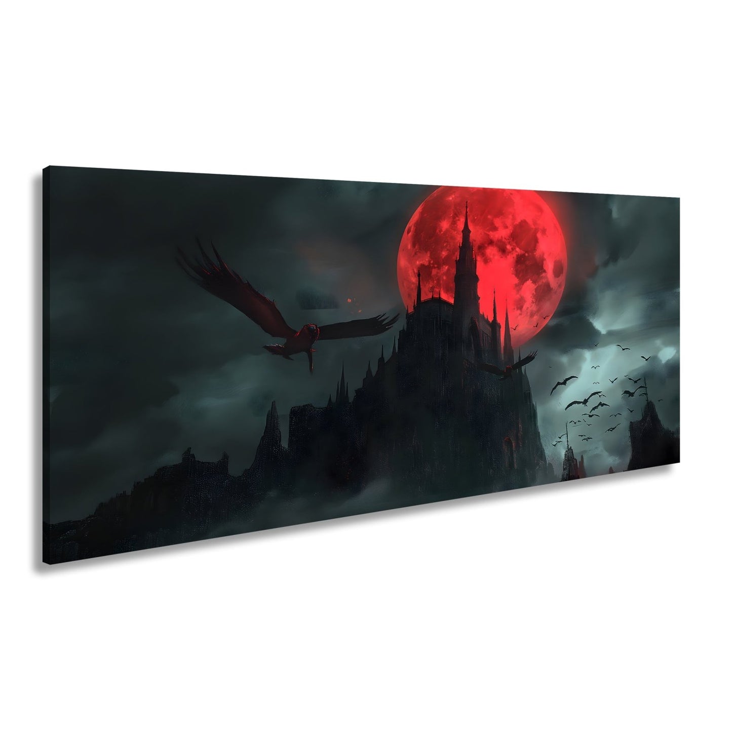 Leinwandbild Schloss XXL – Dunkel unter Blutmond mit fliegenden Schatten - deyoli
