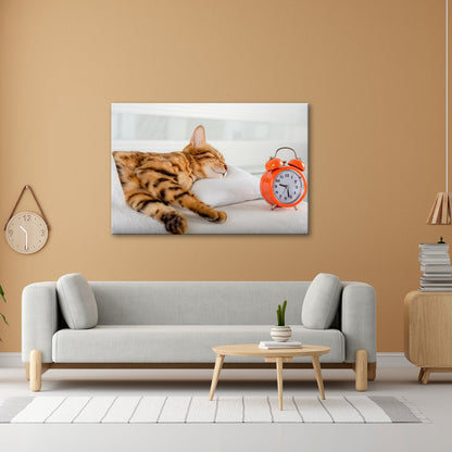 Leinwandbild Schlummerkatze und Uhr – Zeit steht still im Traum. - deyoli