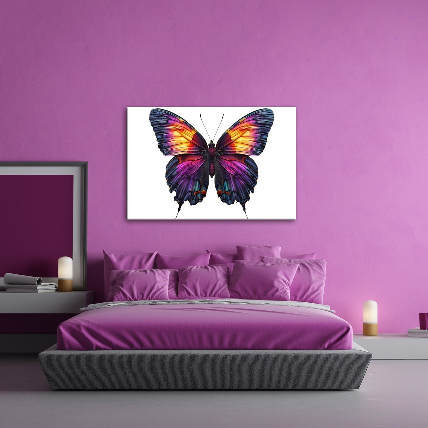Leinwandbild Schmetterling in leuchtendem Violett und Sonnengold - deyoli