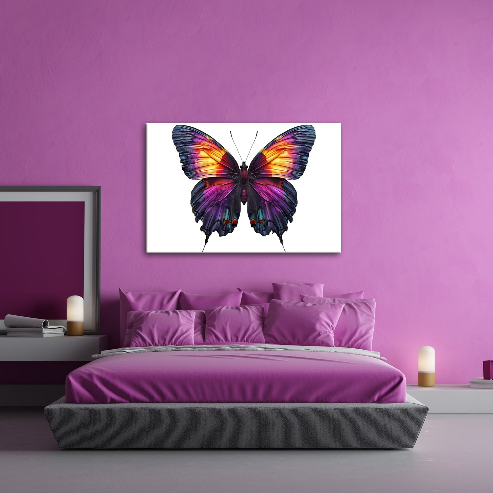 Leinwandbild Schmetterling in leuchtendem Violett und Sonnengold - deyoli