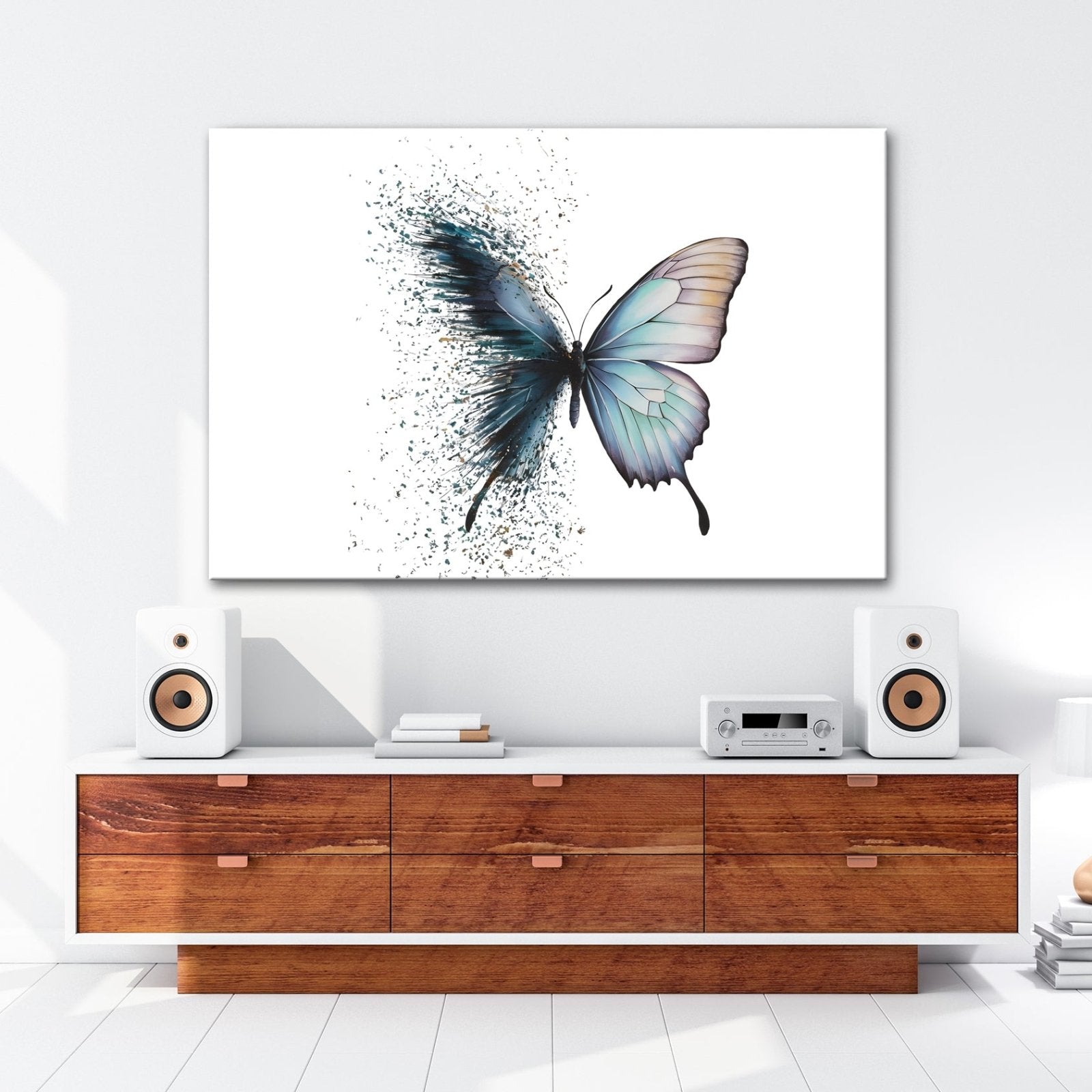 Leinwandbild Schmetterling löst sich in kunstvolle Partikel auf - deyoli