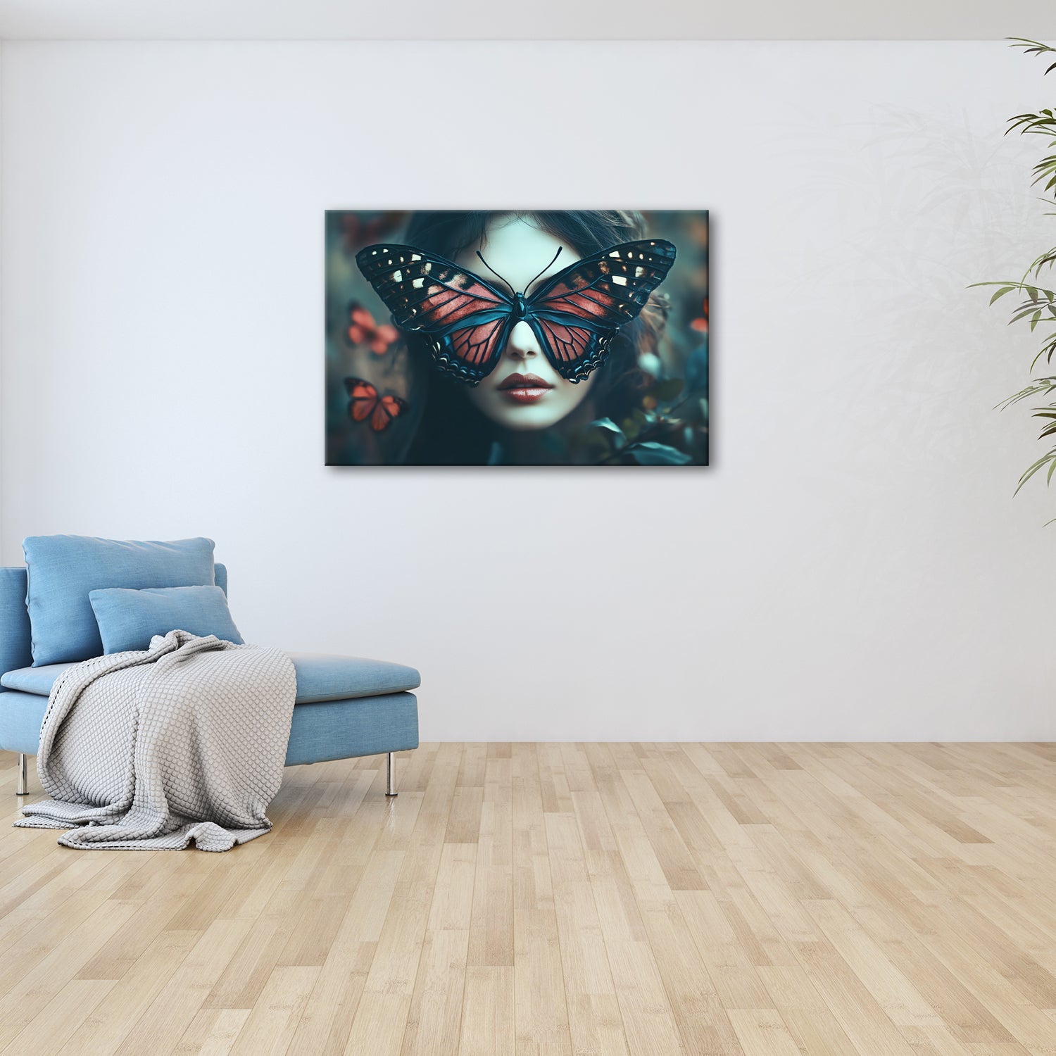 Leinwandbild Schmetterlingsflügel verhüllen ein geheimnisvolles Gesicht - deyoli