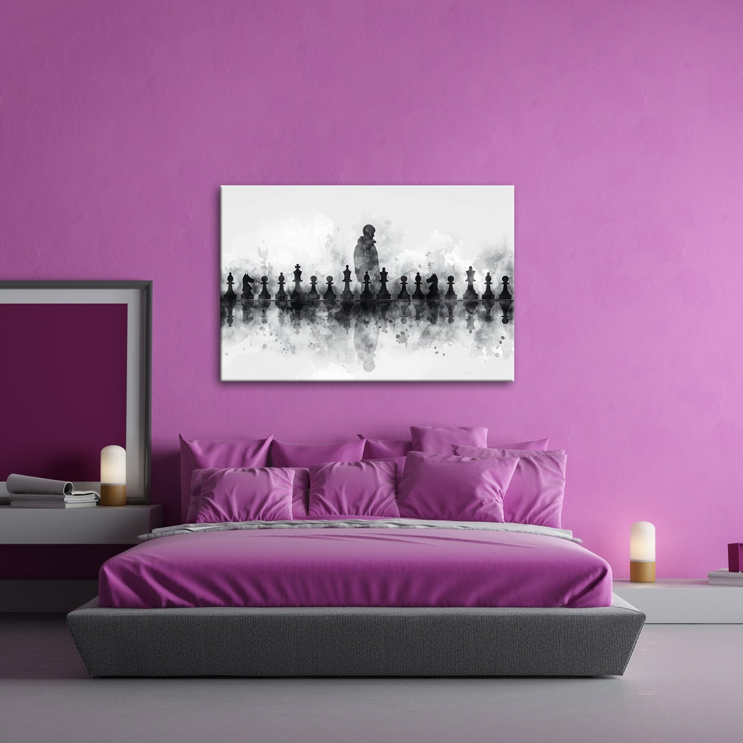 Leinwandbild Schwarz - weiße Eleganz – Schachspiel der Schatten XXL - deyoli