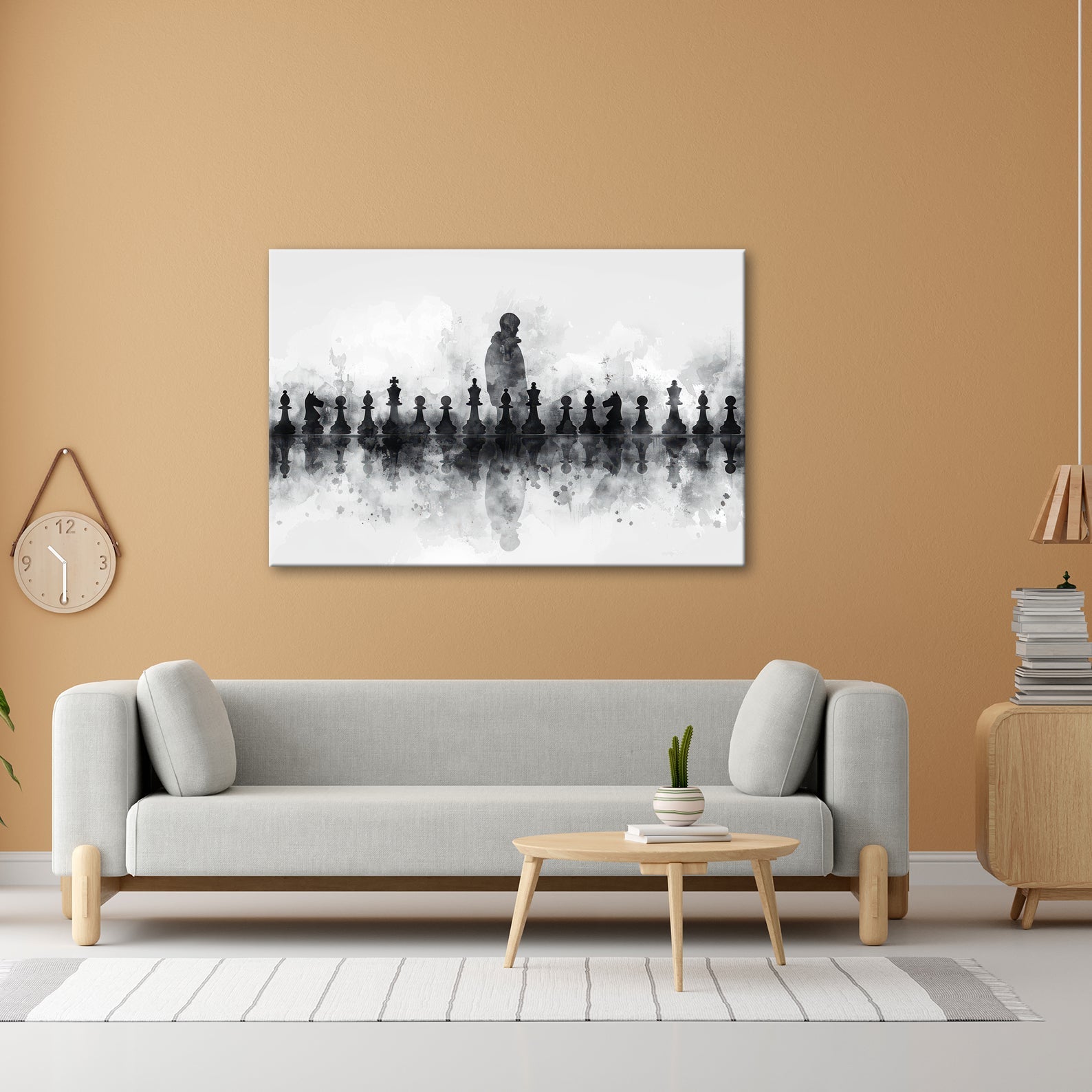 Leinwandbild Schwarz - weiße Eleganz – Schachspiel der Schatten XXL - deyoli