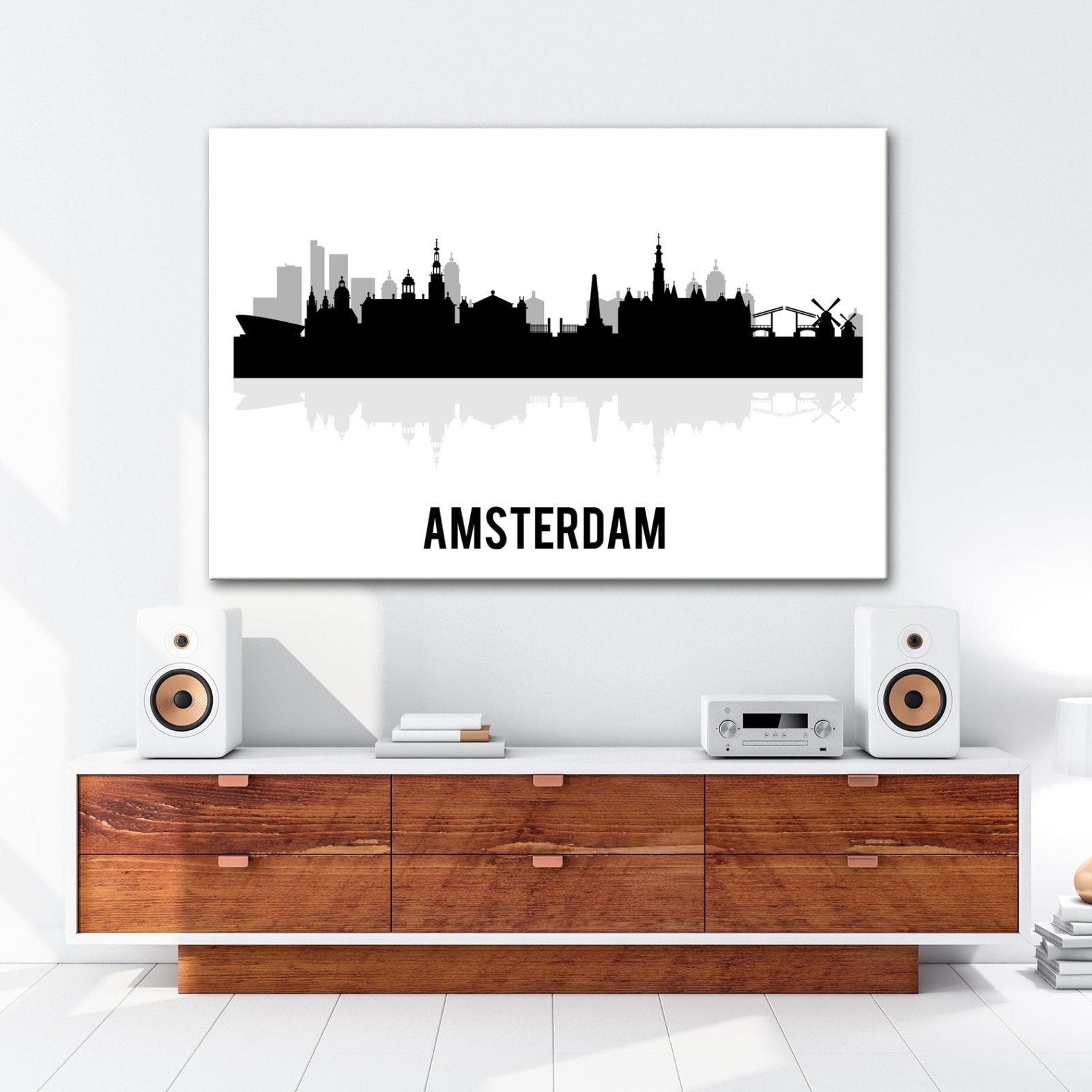 Leinwandbild Schwarze Skyline von Amsterdam mit klassischem Flair - deyoli