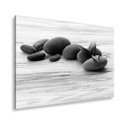 Leinwandbild Schwarze Steine, grünes Blatt – Ruhe auf weißem Holz. - deyoli
